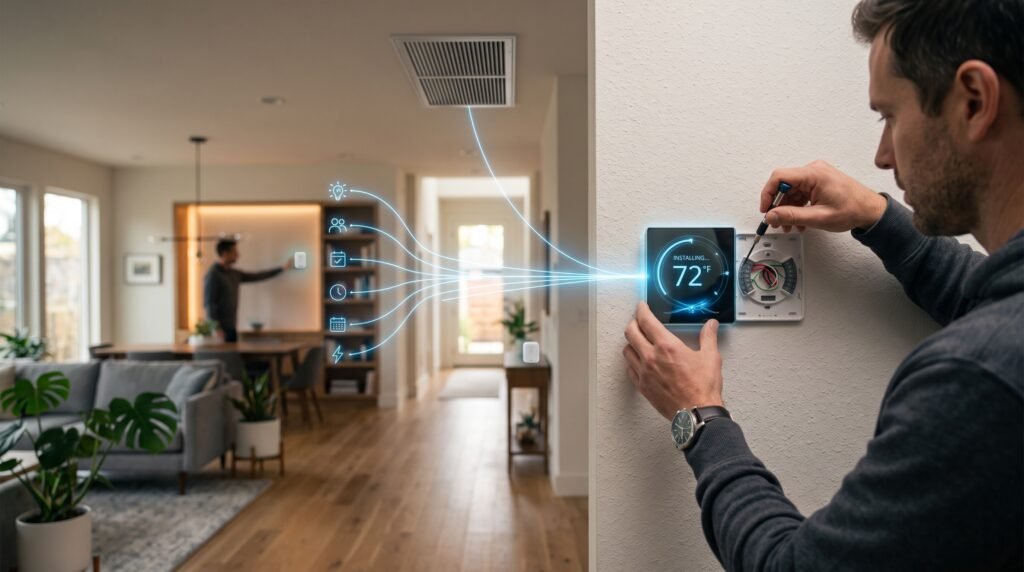 Homeowner installing smart therm… 2K 202607092207 Smartify Your Home